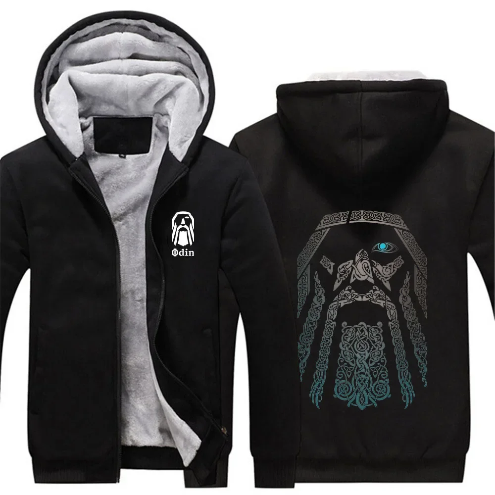 2024 Autumn Winter Men's Vikings Odin Warrior Legend Logo Printed Cardigan Windproof Warm Casual Thickened Zipper Hooded Hoodies