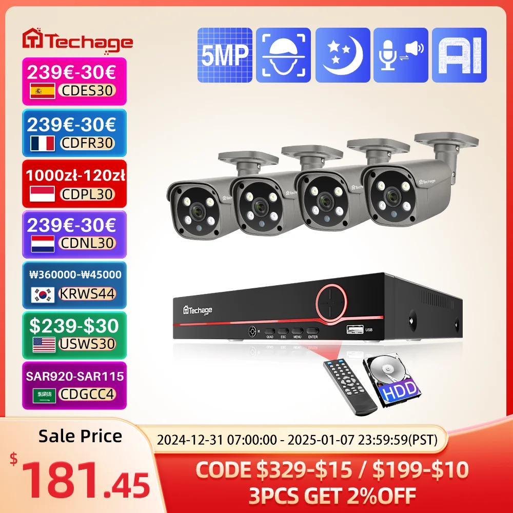 Techage HD 5MP IP Camera Set H.265 CCTV System 8CH POE NVR Kit Outdoor Waterproof Surveillance Camera P2P Video Audio Recorder