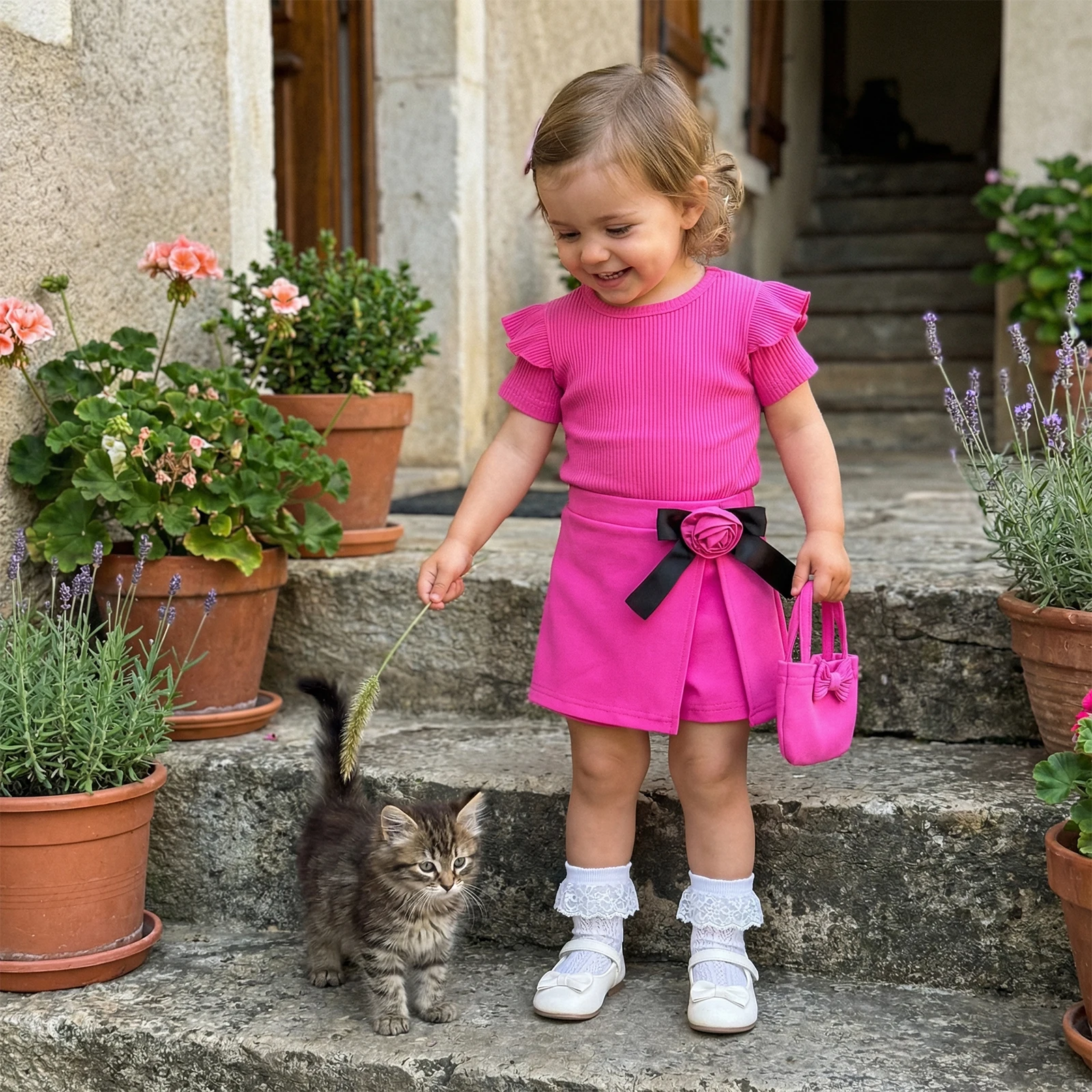 0-3Y Fashion Toddler Baby Girl Summer Outfit Ribbed Short Sleeve T-Shirt Rose Bow Split Skirts Handbag 3 Piece Set