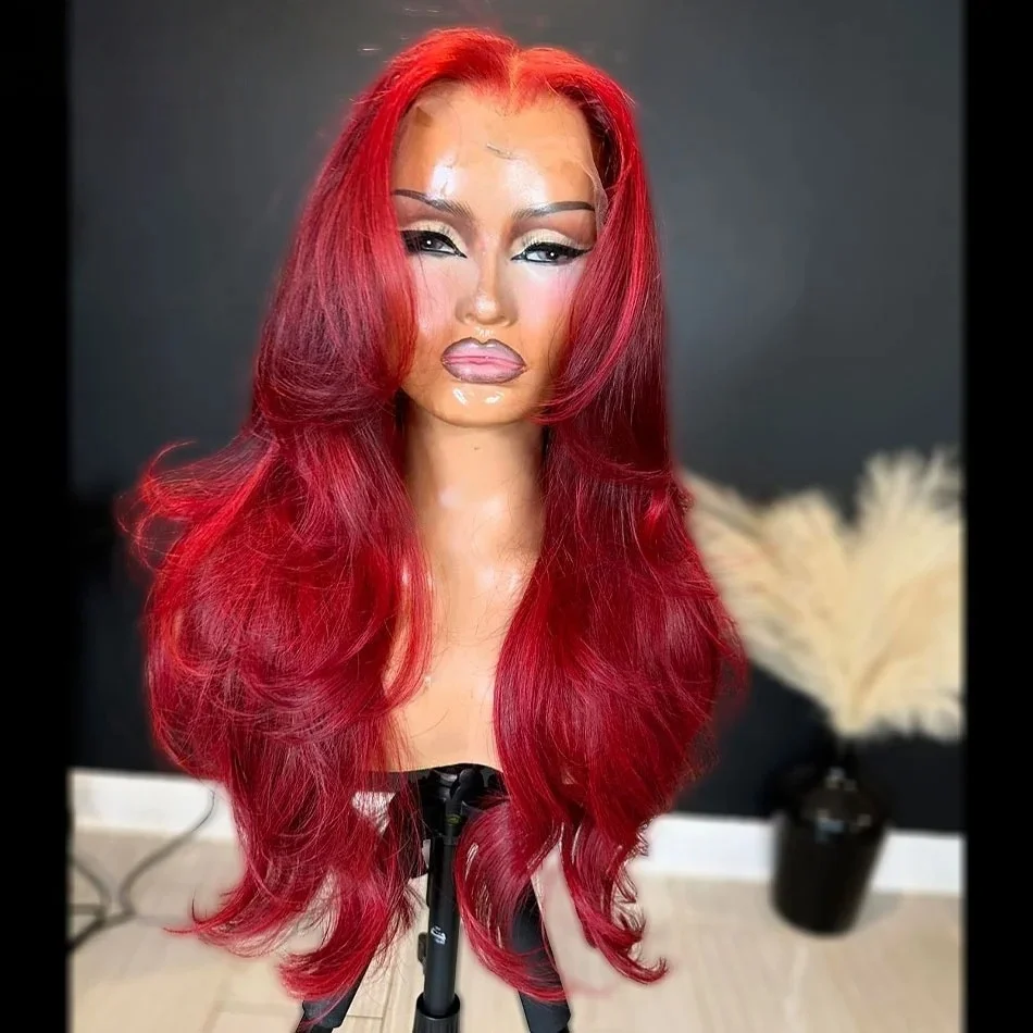 

Red Wig Layered Cut Natural Straight Lace Front Wigs PrePlucked Hot Red 13x4 HD Synthetic Frontal Lace Wig High Quality Cosplay