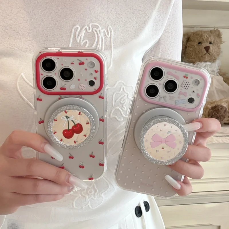 

Fashion Cute Cherry Polka Dot Magnetic Phone Case For iPhone 17 Pro 14 15 16 Pro Max Cover with Stand Cases For Magsafe Cartoon
