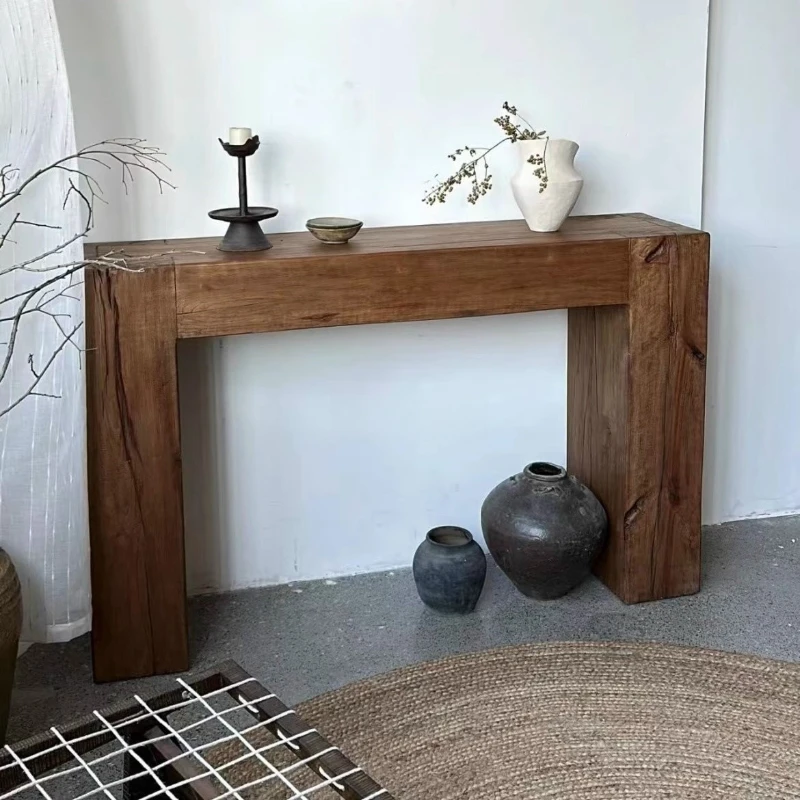 

American log porch table retro old solid wood wall decoration display long porch table table living room bed