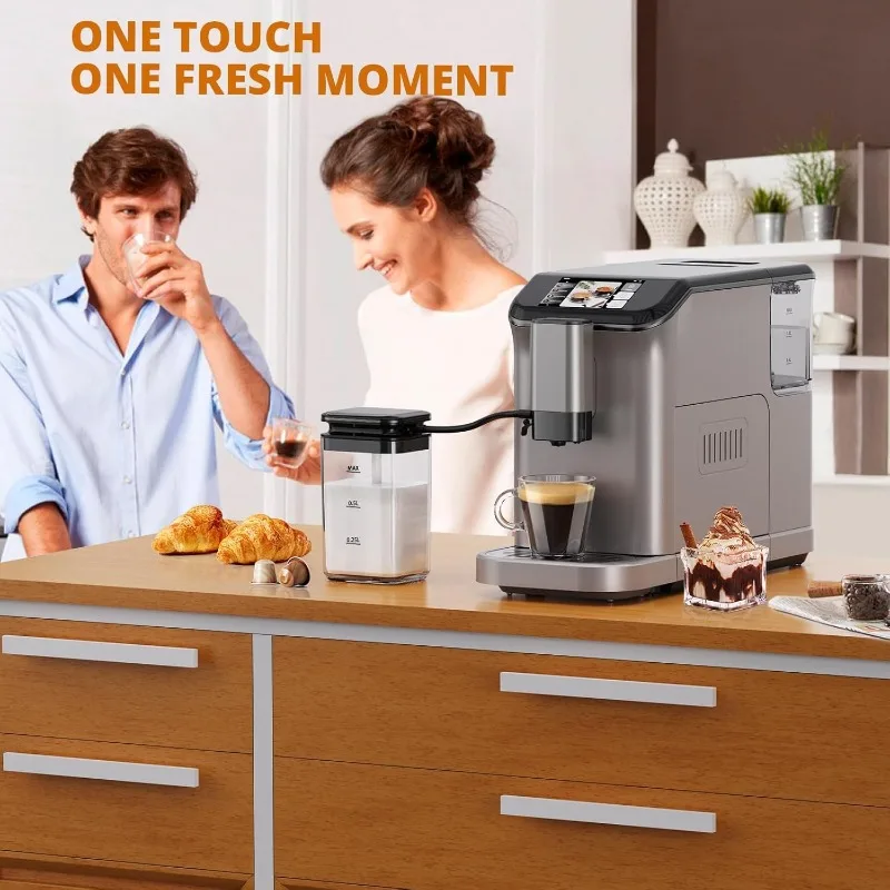 Fully Automatic Espresso Machine With Milk Frother, One Click Recipes, Touch Display, 20 Bar Pressure, 15 Grind Settings,