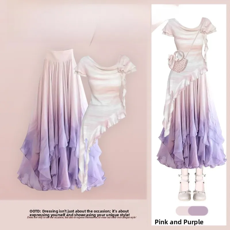 

Summer Dopane Casual Outfit Women's Faion Set Irregular ort Sve Top And f Skirt Two-Piece Ensemble