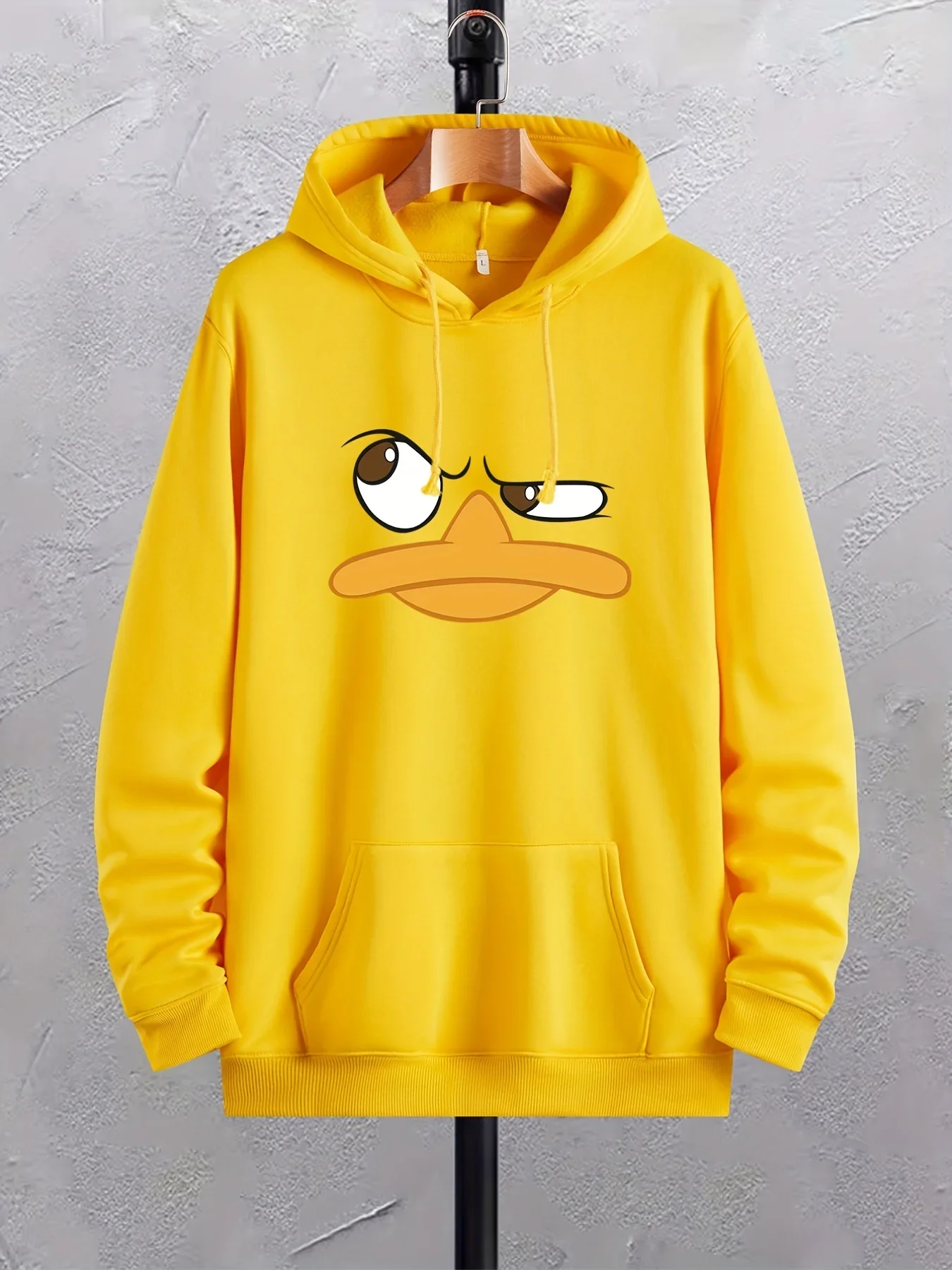 Men's cartoon duck print hooded sweatshirt, kangaroo pocket graphic hooded sweatshirt, fashionable lace hoodie, comfortable