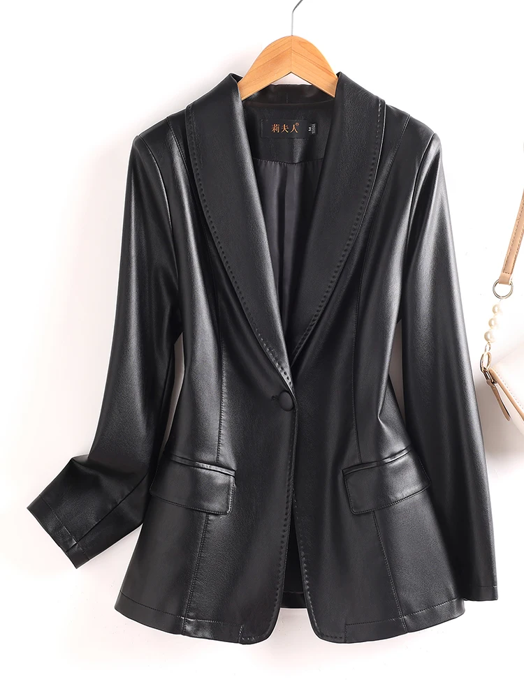 Jaqueta Feminina de Couro Genuíno de Carneiro Haifeng Nova Coleção Primavera Outono - Modelo Slim Fit Elegante