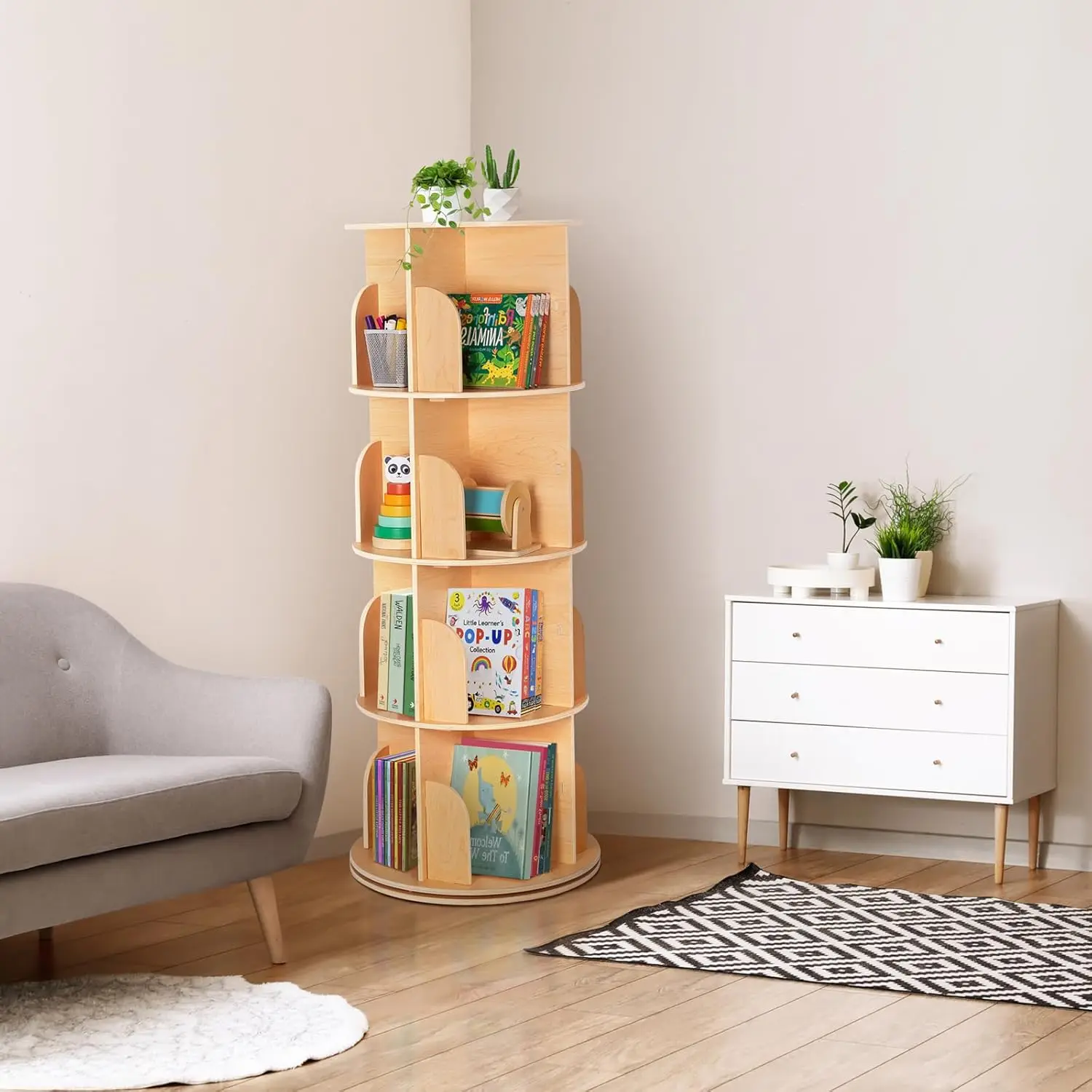 Spinning Bookshelf Tower with Large Capacity for Small Space, 360° Display 4 Tier Floor Small Round Corner Shelf for Library