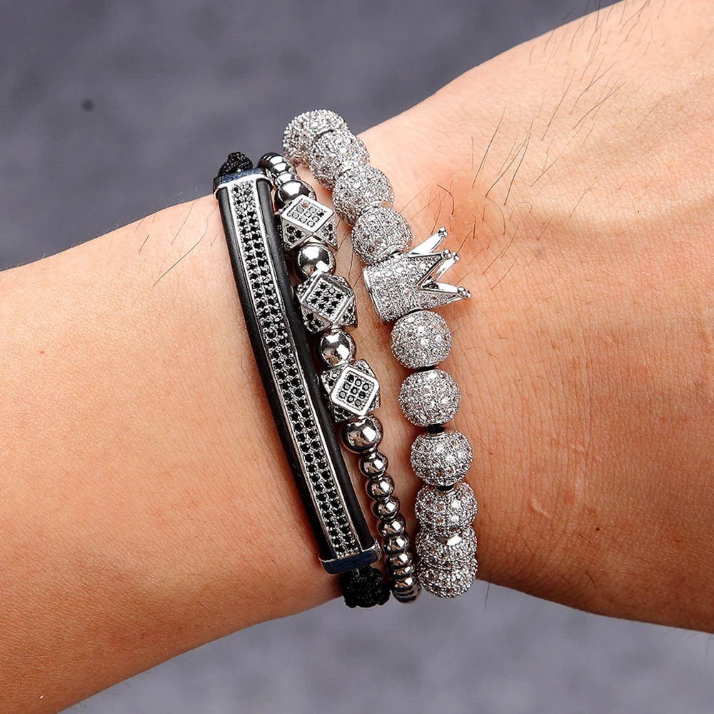 TYO 3pcs/Set Crystal Crown Cubic Zirconia Micro Pave 8mm Combination Beads Bracelet 16-25cm  Adjustable Size Rope Jewelry Gift image 5
