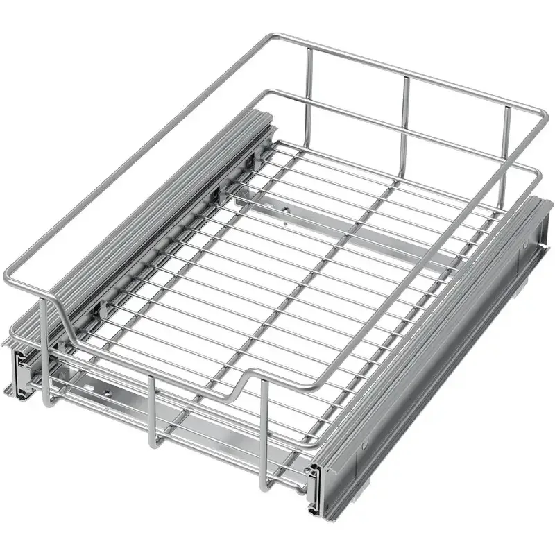 Slide-Out Drawer Organizer for Cabinets, 9×17in Heavy-Duty Chrome Caddy, Smooth Slides for Kitchen Bathroom Pantry Storage