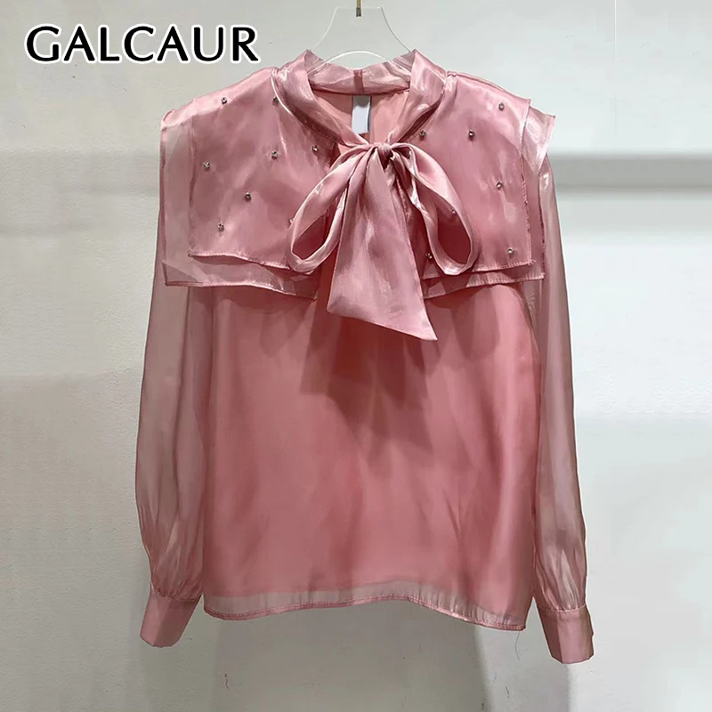 

GALCAUR Solid Loose Temperament Spliced Lace Up Blouse for Women Round Neck Long Sleeves Patchwork Bead Elegant Top Female New