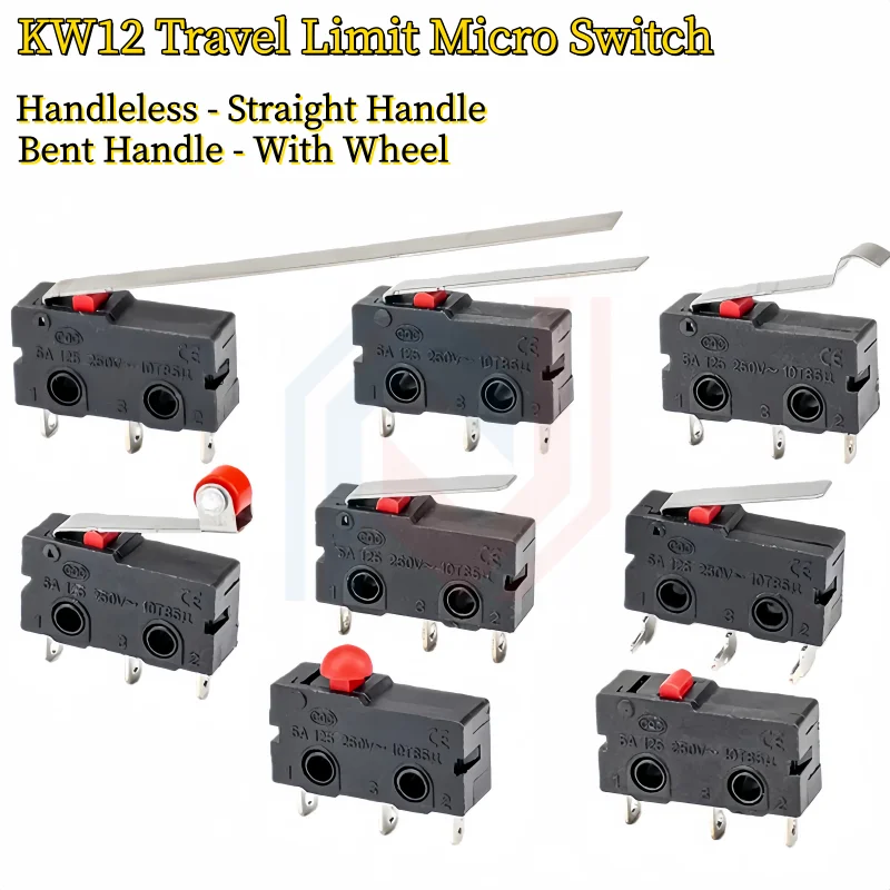 KW12 Mini Micro Limit Switch 3Pin SPDT NO NC 5A 125V 250V 29mm Roller Arc Lever Snap Action Push Microswitch for PCB Terminals