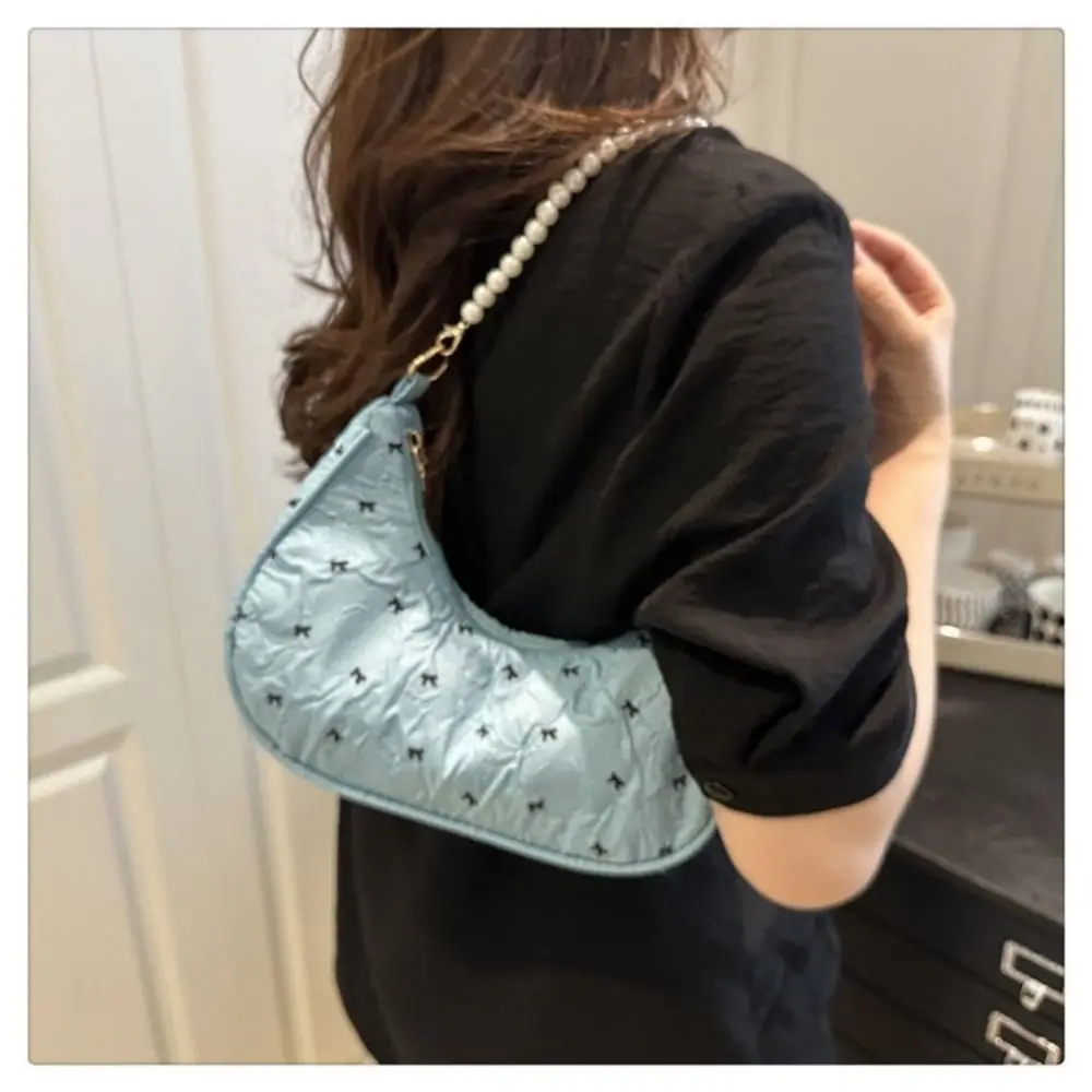 Trendy Multicolor One-shoulder Bag Bowknot Printed Beads Chain Tote Bag Zipper Clouse Large Capacity Underarm Bag Commutting