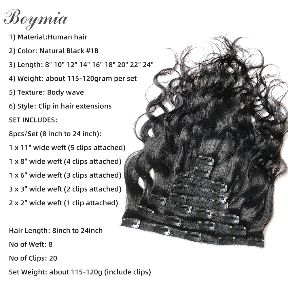 Boymia Body Wave Clip in Human Hair Extensions 8pcs/set Natural Black Remy Human Hairpieces For Black Women 115-120g