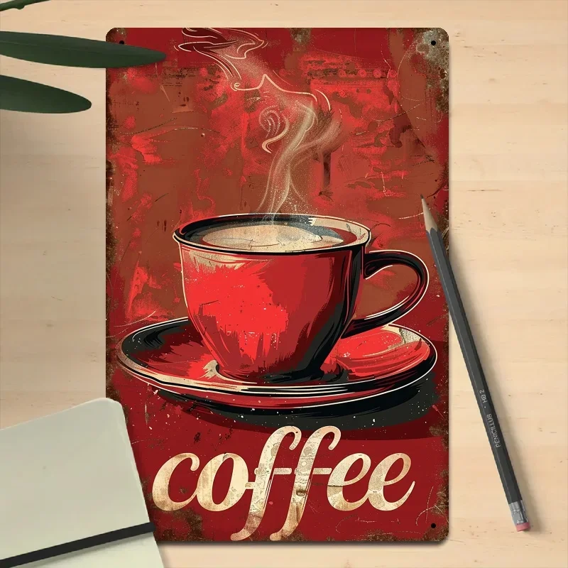 Letrero Metálico Vintage de Café, Diseño Plano 2D con Tema de Calidez Roja, 20.32x30.48cm, Decoración de Pared Impermeable para Sala de Estar