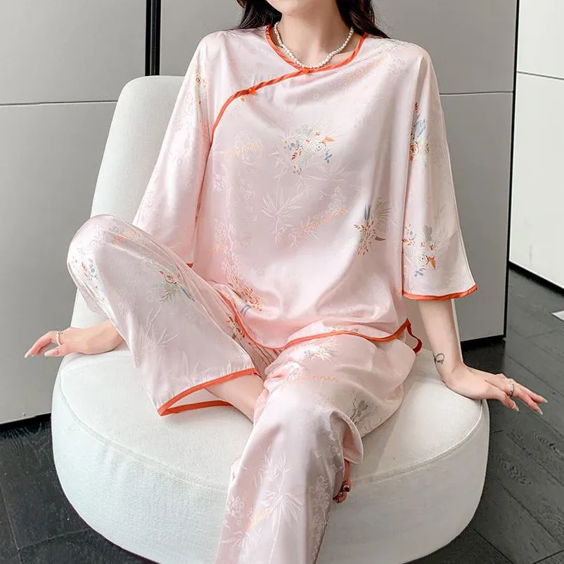 Print Pyjamas 2Pcs Sleepwear Set Spring Shirt&pants Sleep Suit Women Home Clothes Silky Satin Pajamas Lingerie Femme Loungewear