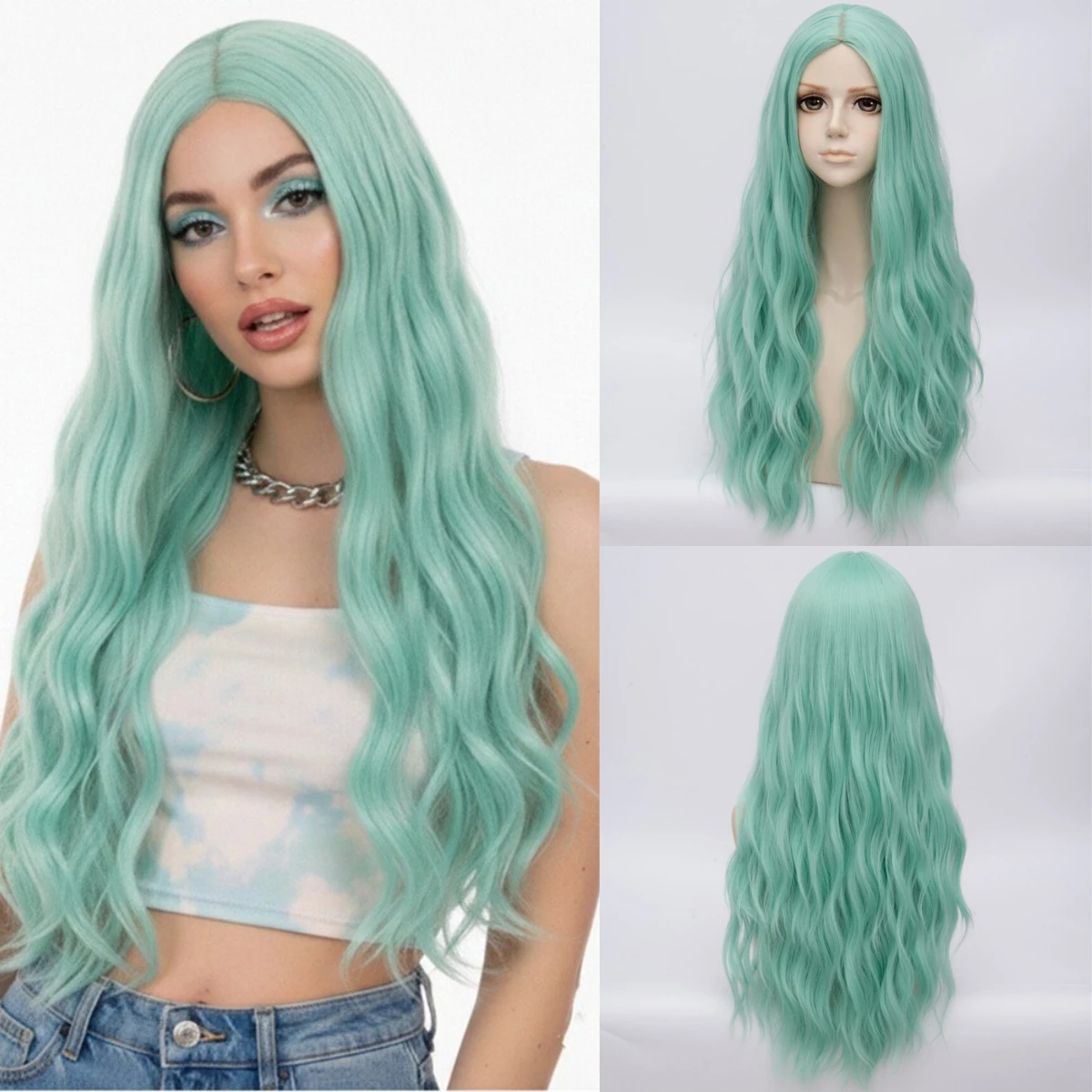 

Synthetic Long Mint Green Curly Wave Wig with Bangs for Women Cosplay Kawaii Style & Cosplay Events Party Fake Hair
