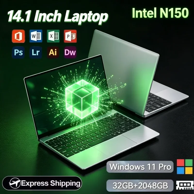 14.1 Inch Laptop PC Intel N150 32GB RAM 2TB SSD Windows 11 Office Software Business Entertainment Study Daily Use Notebook