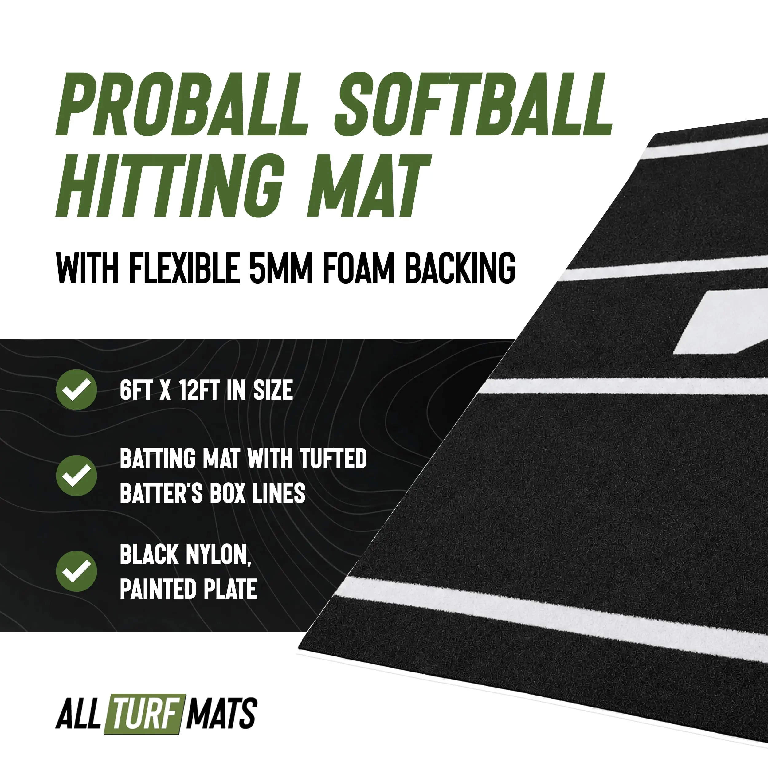 6 x 12 Proball Baseball & tball Hitting Mat – Batting Cage Practice Turf with Painted Home Plate, Black Nylon Turf