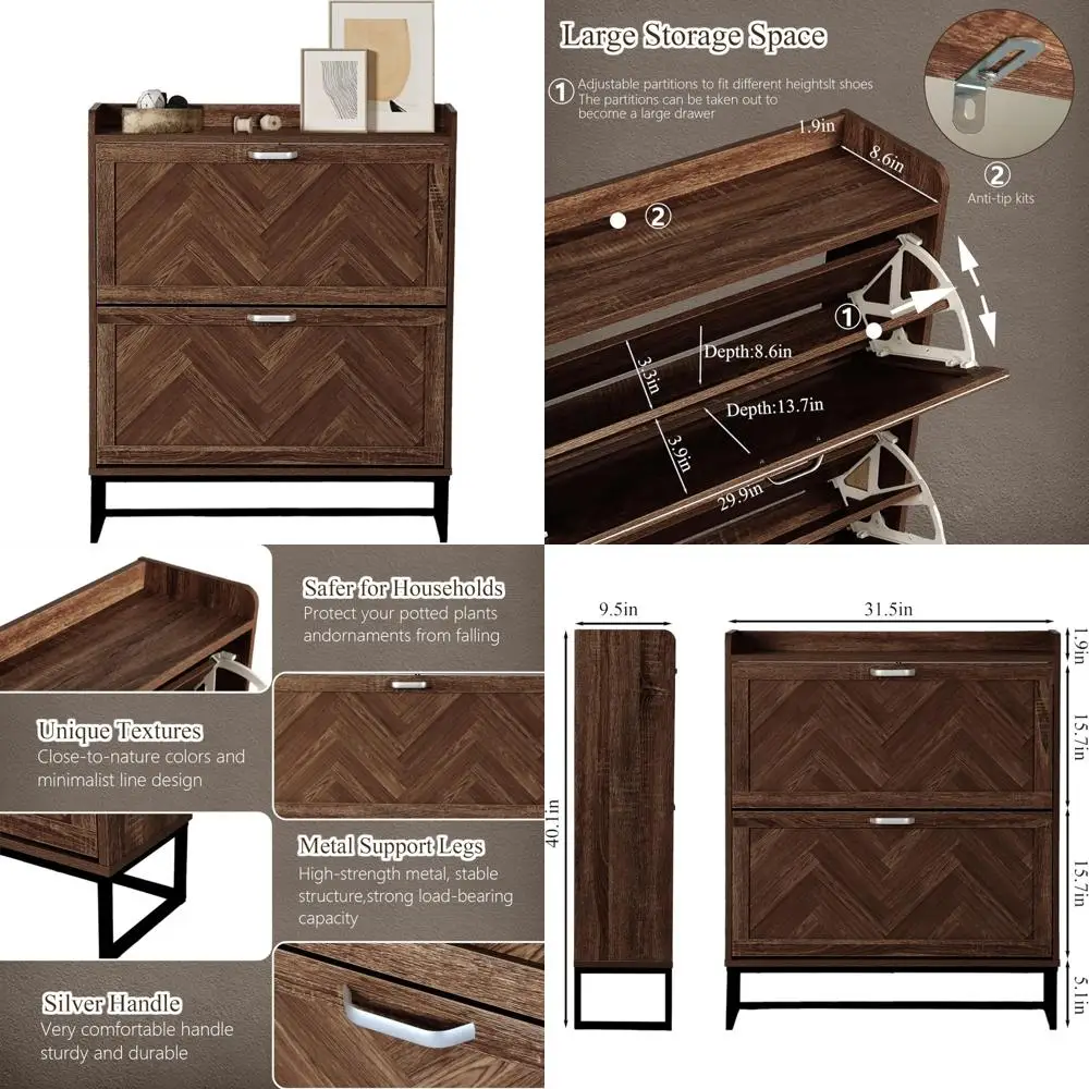 Freestanding Slim Shoe Storage Cabinet with 2 Flip Drawers, Metal Legs, Adjustable Shelf, and Narrow Space Design