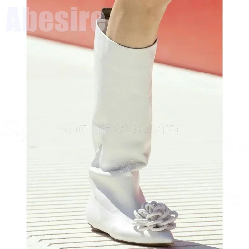 

White Knitted Leather Flower Pointed Toe Runway Boots Slip On Women Shoes Low Top Party Banquet Dating 2025 Zapatos Para Mujere