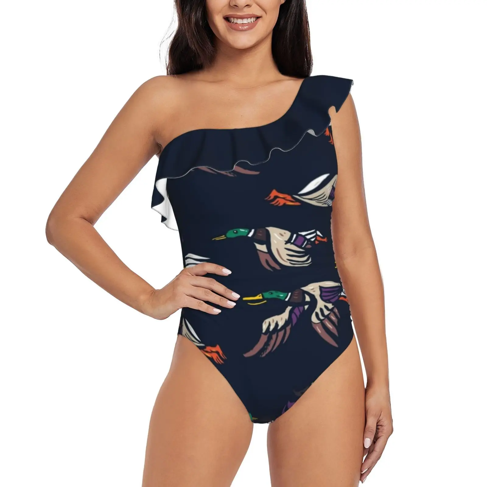 

Male Mallard Ducks One Piece Swimsuit Women Ruffle Monokini Shoulder Swimsuit Bathing Suit Swim Wear Male Mallard Duck Pattern