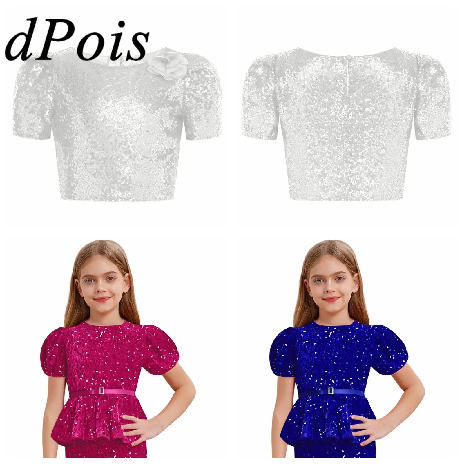 

Kids Festival Costumes Girls T-shirts Sparkly Sequins Short Tops with Belt for Birthday Dance Party Prom Children's Clothes