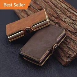 RFID Blocking Credit Card Holder Split Leather Mens Wallet Luxury Pop Up Smart Wallet Male Cardholder Minimalist Wallets for Men