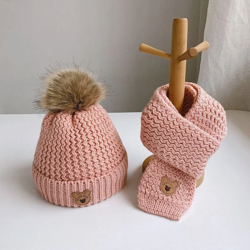 Cute Children's Hat +Scarf Set Winter Knitted Thick Warm Hat Korean Styl Beanie Cap Accessories Gift For 1-6 Yrs Boys And Girls