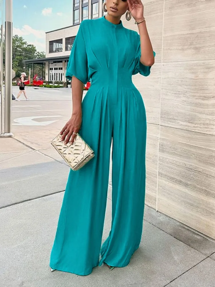 

Onecozyday 2025 New Lake Blue Jumpsuit for Women Round Neck Batwing Sleeves High Waist Wide Leg Coveralls Buttoned Playsuits