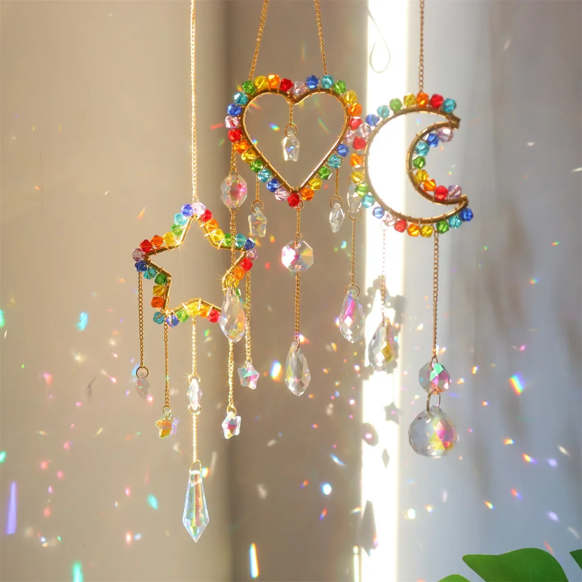 Beautiful Crystal SunCatcher Colorful Hanging Ornament Sharp Bead Circle Five Pointed Star Moon Creative Home Decor