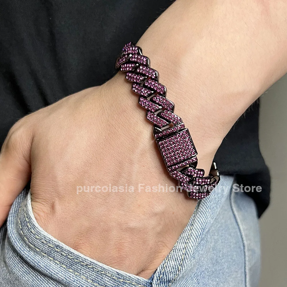 Purple Bracelet for Men Women Hip Hop 14mm Cuban Chain Bling Iced Out Rhinestones Paved Miami Black Necklace Jewelry