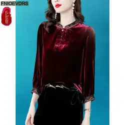 M-4XL New Year Red Black Tops Women Winter Basic Wear Button Stand Collar Retro Vintage French Design Shirts Velvet Tops Blouses