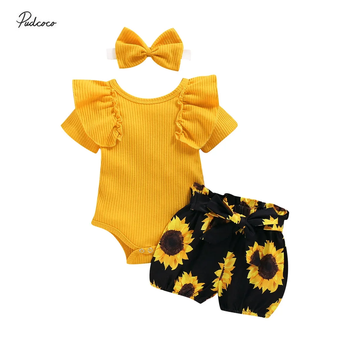 

2020 Baby Girl Floral Romper Jumpsuit + Sunflower Tutu Shorts Set