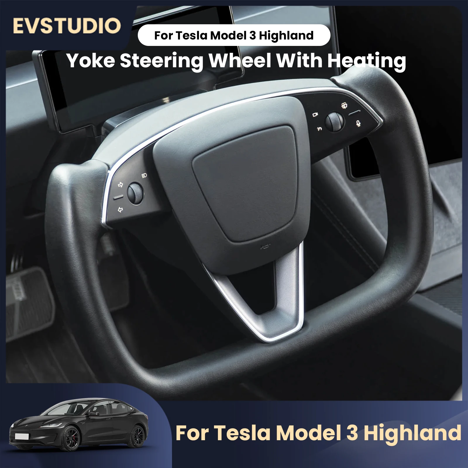 

New Yoke Handle for Tesla Model 3 Highland Steering Wheel With Heating Nappa Leather Racing Personalized Customized Accessory