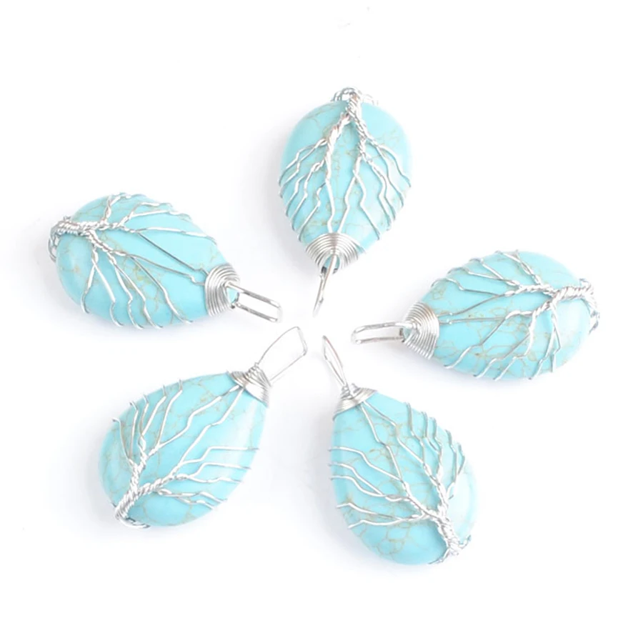 New Fashion Turquoise Stone Teardrop Pendant Silvers Wire Family Tree Wire Wrapped Charms Luck Jewelry 5Pcs DN4204