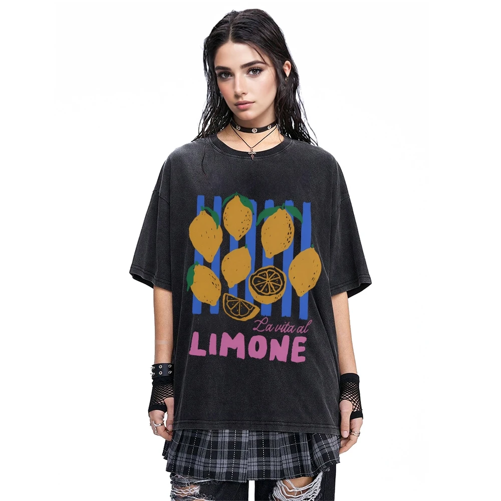 

Футболка Limone Lemon, темная стираная футболка, итальянский принт лимона, свободный летний удобный топ с короткими рукавами и свежими фруктами