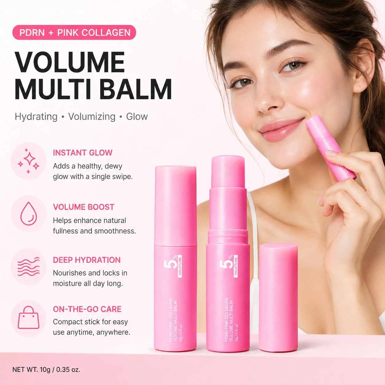 PDRN Pink Collagen Volume Multi Balm Stick 5% Volufiline,Hydrating Firming Repair Balm for Face Neck Eye Area Antiaging Skincare