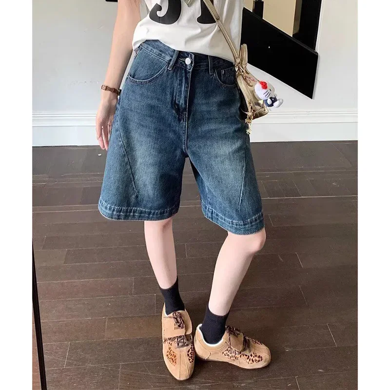 

2025 Girls Korean Version High Waisted Denim Shorts Summer Lady Retro Wash Jeans Shorts Female Baggy Straight Leg Jeans Pants