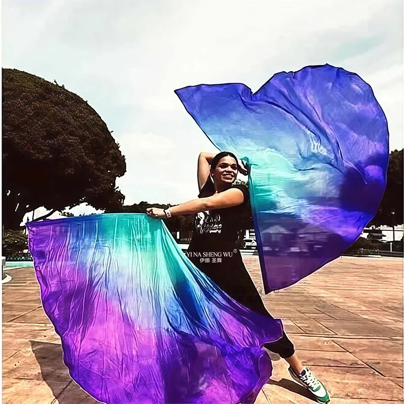 Belly Dance Practice Accessories Throw Silk Shawl Women 100% Real Silk 200*114cm Dyed Performance Props Church Flag Elastic Rod