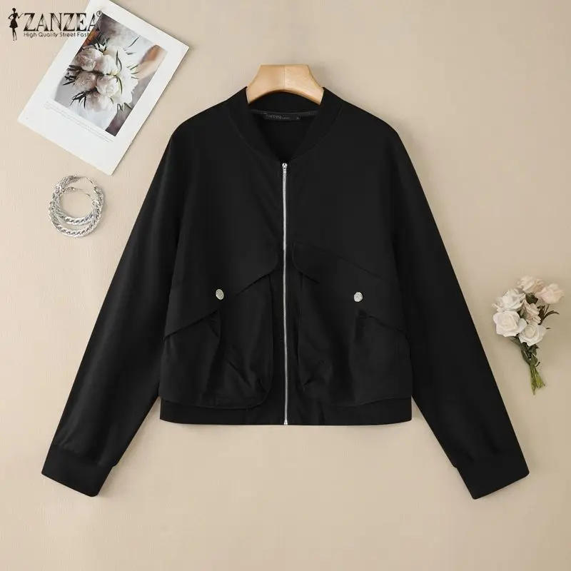 

ZANZEA Casual Woman Contrast-Color Jackets Stand Collar Long Sleeve Zip-Up Comfort Coats 2026 Spring Autumn Women's Outerwear