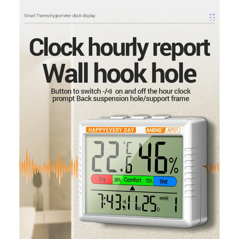 Digital Thermohygrometer Clock ANENG AP01 Snooze Alarm Mode Air Thermometer Humidity Multi-scenario High Precision Tester Tools