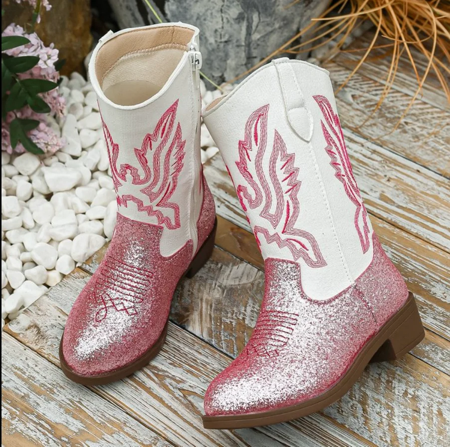 Kids Girls Sparkle Glitter Cowgirl Western Boots Embroidery Mid Calf Side Zipper Low Heel Princess Fashion Party Boots