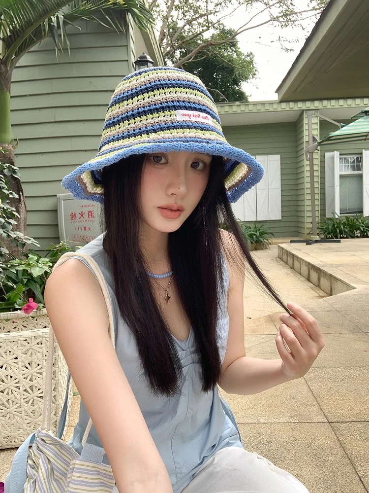 

Summer Rainbow Striped Bucket Hat Women's Spring Vacation Beach Sunshade Sun Hat Foldable Handmade Weave