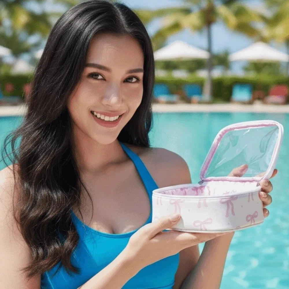 Bolsa de mano transparente para maquillaje, gran capacidad, de cuero PU, PVC transparente, impermeable, con lazo rosa, pequeña, para natación y fiestas