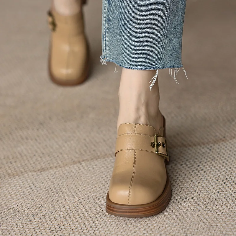 Baotou Half Slippers Women\'s New Commuter Thick Heels Thick Sole Outer Wear Muller Shoes Belt Buckle High Heels Women Shoes