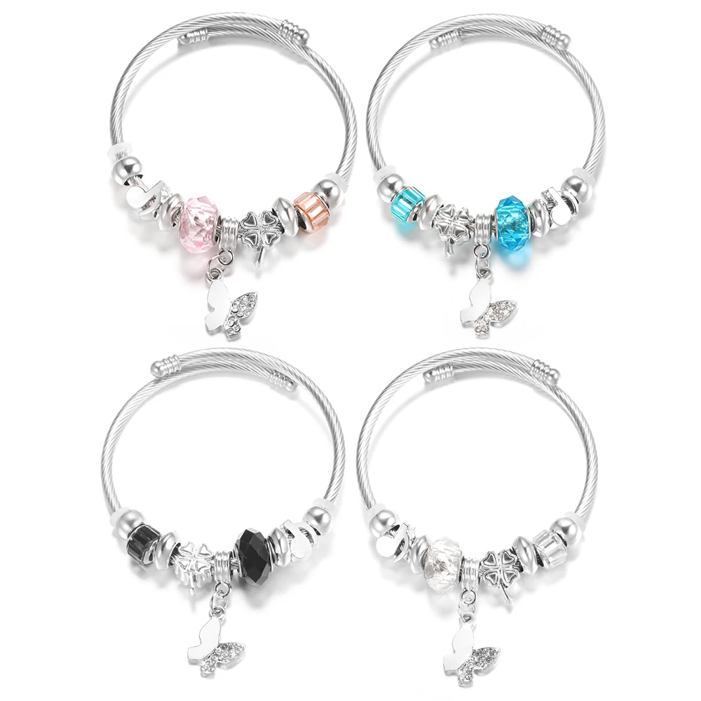 Butterfly Rhinestone Musical Note Stainless Steel Women Crystal Beaded Bracelet 4 Colors Closure Bangles Bracelet Jewelry Gift