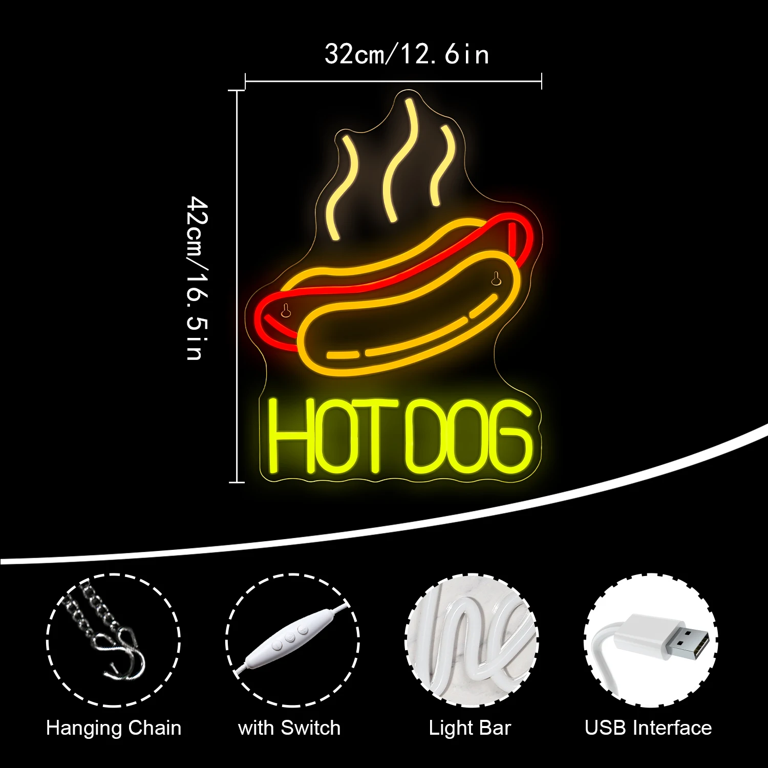 Imagem -04 - Hot Dog Neon Led Signs Dimmable Room Wall Decoration Usb Powered Business Shop Decor Fast Food Presente de Aniversário