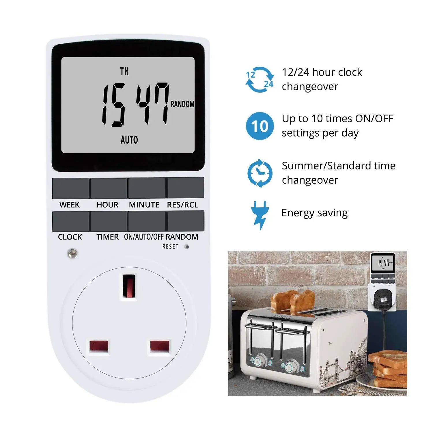 Tomada de temporizador digital plug-in com grande display LCD, plug elétrico programável, temporizador para luz, B e mais