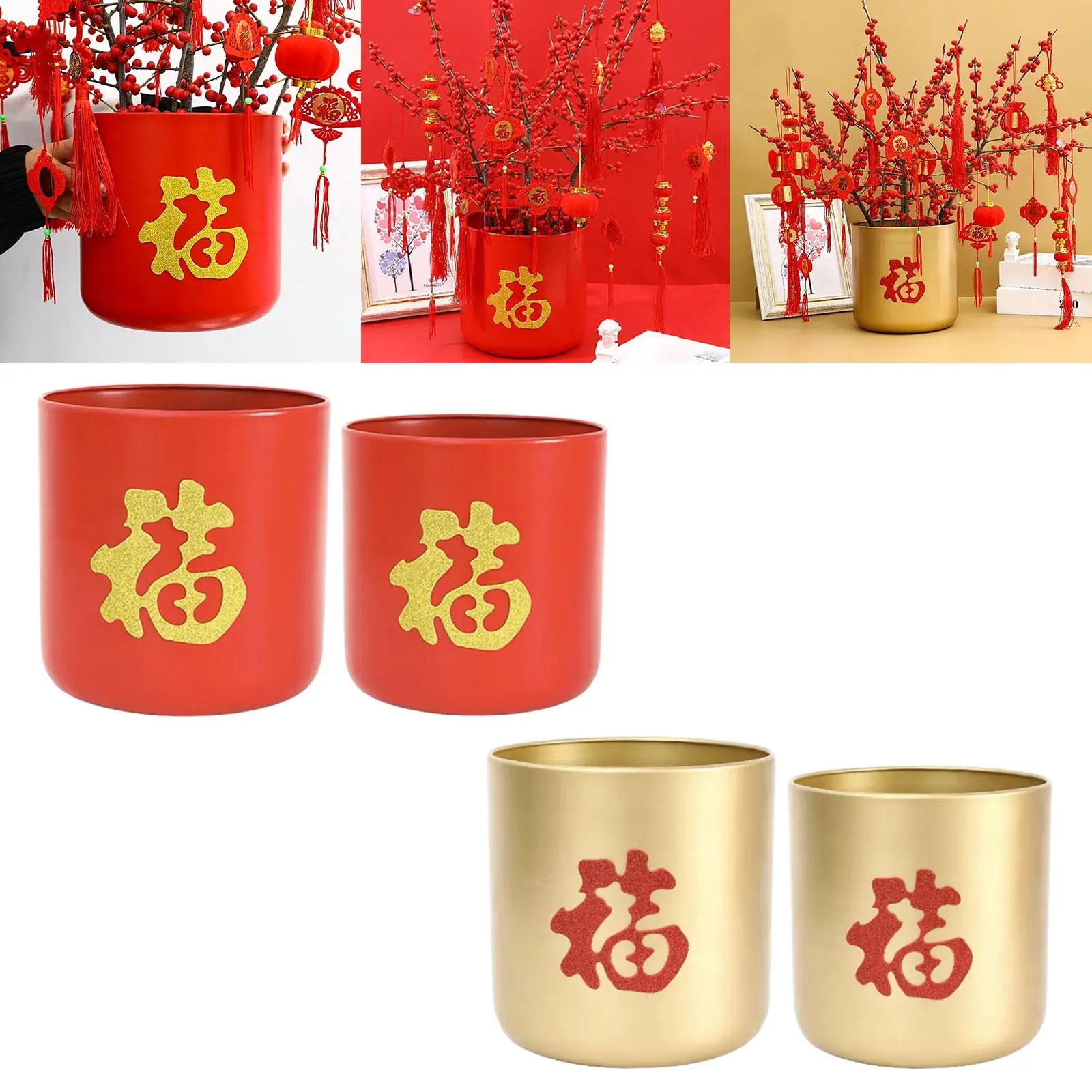 2Pcs Chinese New Year Decoration Flower Pot Fu Character Vase Decor Statue Table Decoration for Desktop Shelf Home Decoration