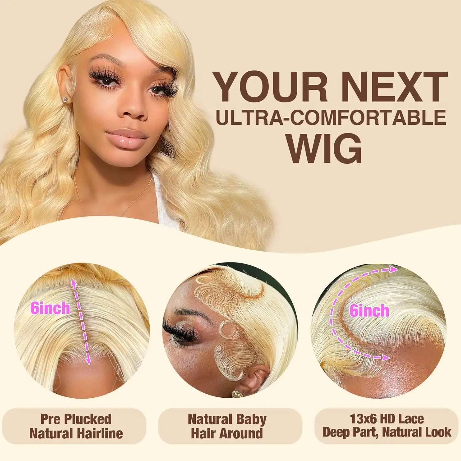 613 Lace Front Wig Human Hair 13x6 Blonde Wig Human Hair 180 Density HD Transparent Body Wave Lace Front Wigs Pre Plucked with Baby Hair(20Inch) - view 7